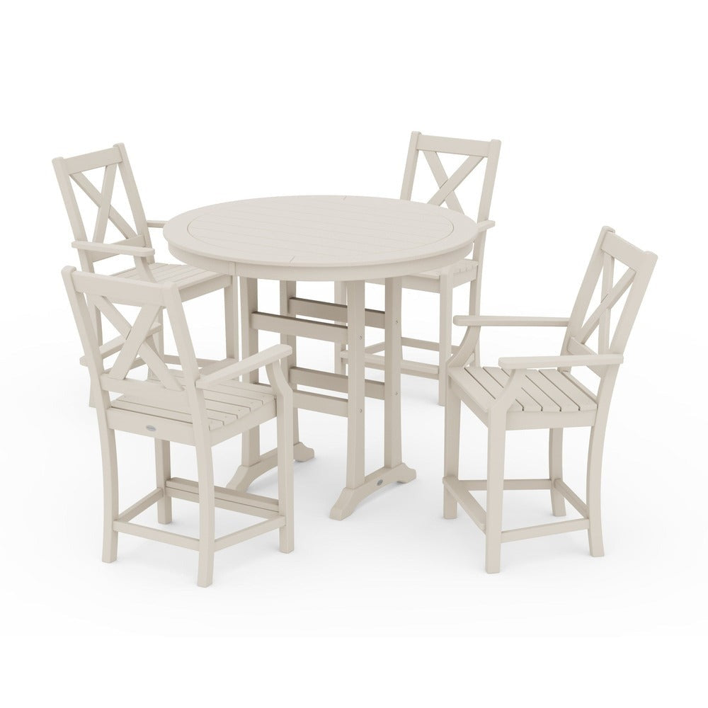POLYWOOD® Braxton 5-Piece Nautical Trestle Arm Chair Counter Set - Sand PWS511-1-SA