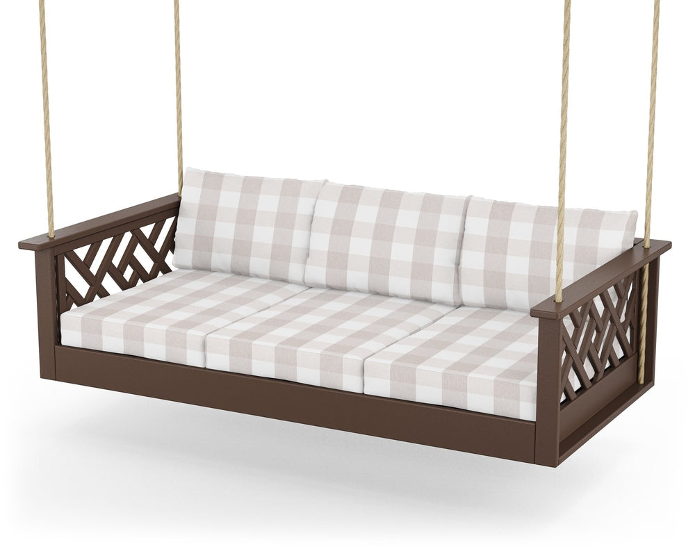 Chippendale Daybed Swing - Mahogany / Buffalo Plaid Dune Burlap