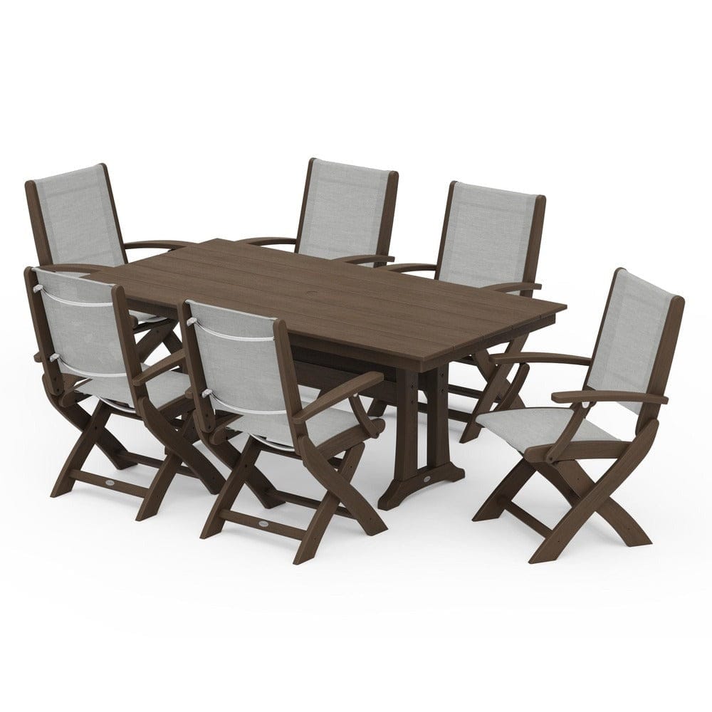 POLYWOOD® - Coastal Folding Arm Chair 7-Piece Farmhouse Dining Set with Trestle Legs - PWS292