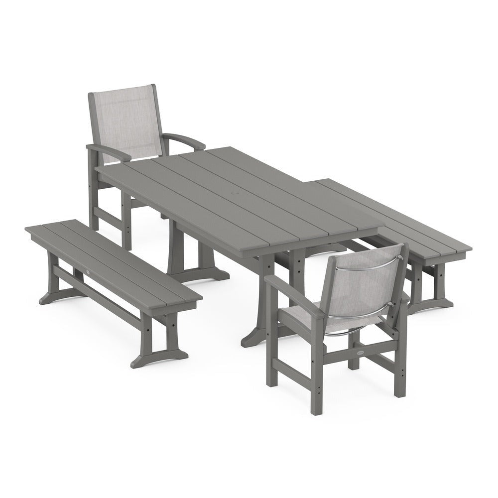 POLYWOOD® - Coastal 5-Piece Farmhouse Dining Set with Trestle Legs and Benches - PWS1000