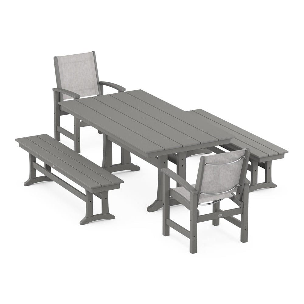POLYWOOD® - Coastal 5-Piece Farmhouse Dining Set with Trestle Legs and Benches - PWS1000