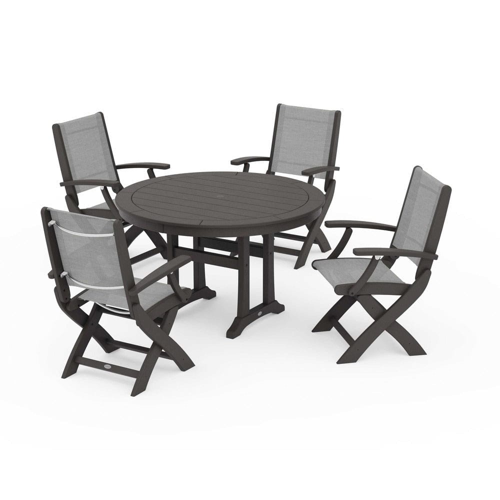 POLYWOOD® - Coastal Folding Chair 5-Piece Round Dining Set with Trestle Legs - PWS1120 Outdoor Furniture POLYWOOD®