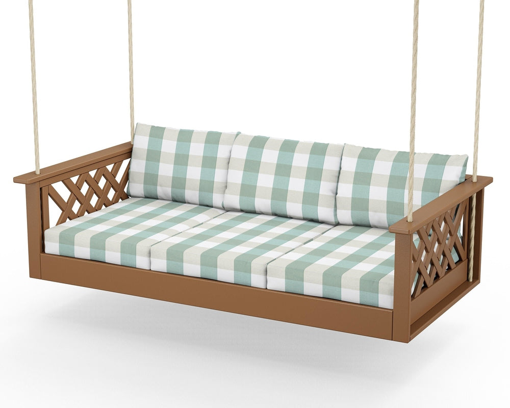 Wovendale Daybed Swing - Teak / Buffalo Plaid Glacier Spa