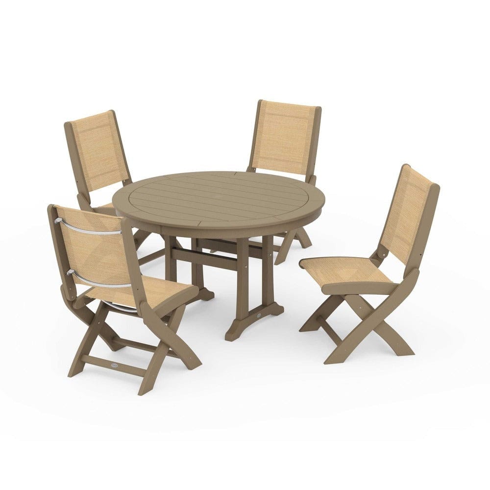 POLYWOOD® - Coastal Folding Side Chair 5-Piece Round Dining Set With Trestle Legs - PWS1121