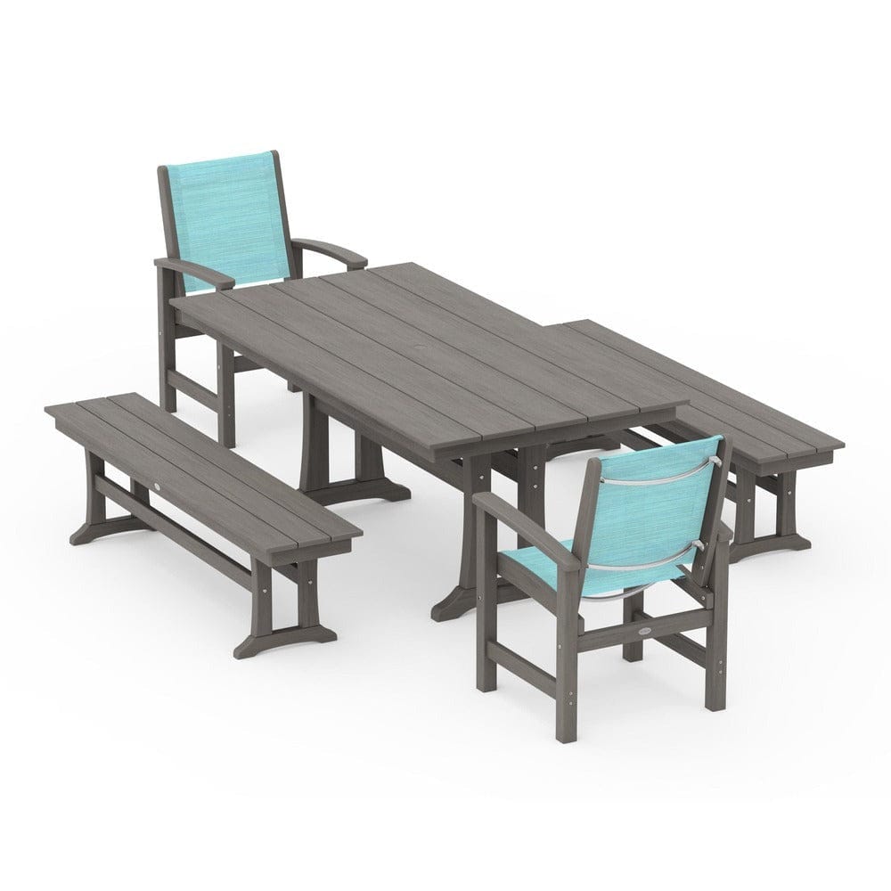 POLYWOOD® - Coastal 5-Piece Farmhouse Dining Set with Trestle Legs and Benches - PWS1000