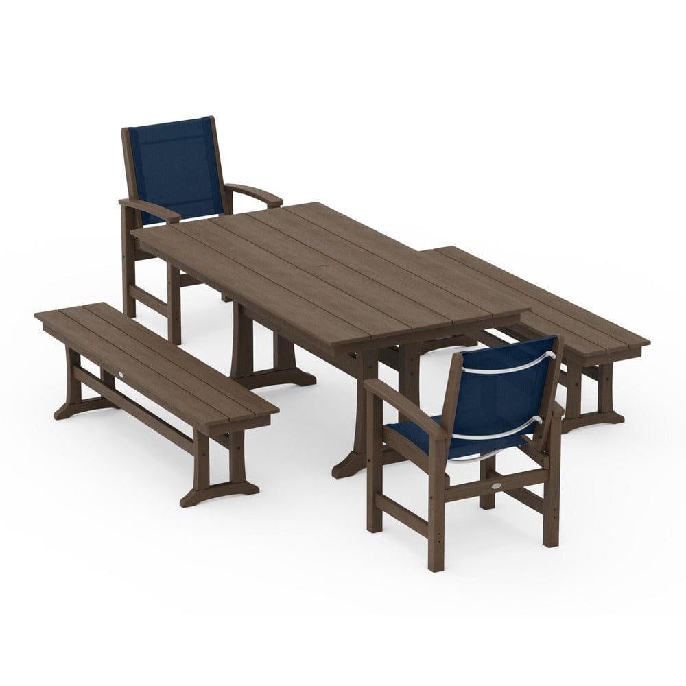 POLYWOOD® - Coastal 5-Piece Farmhouse Dining Set with Trestle Legs and Benches - PWS1000