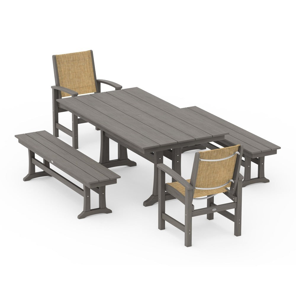 POLYWOOD® - Coastal 5-Piece Farmhouse Dining Set with Trestle Legs and Benches - PWS1000