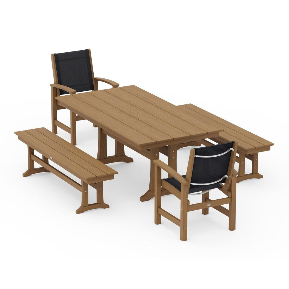 POLYWOOD® - Coastal 5-Piece Farmhouse Dining Set with Trestle Legs and Benches - PWS1000