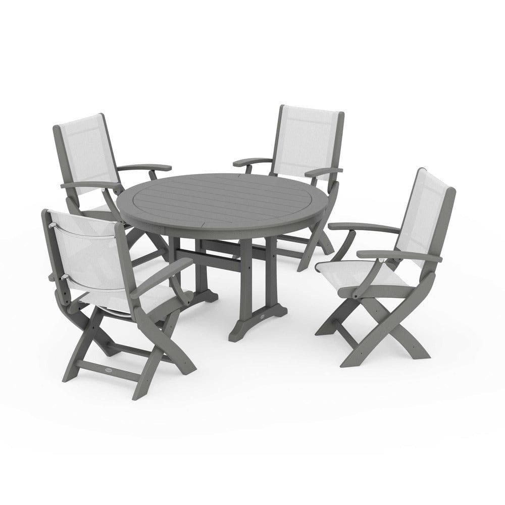 POLYWOOD® - Coastal Folding Chair 5-Piece Round Dining Set with Trestle Legs - PWS1120 Outdoor Furniture POLYWOOD®