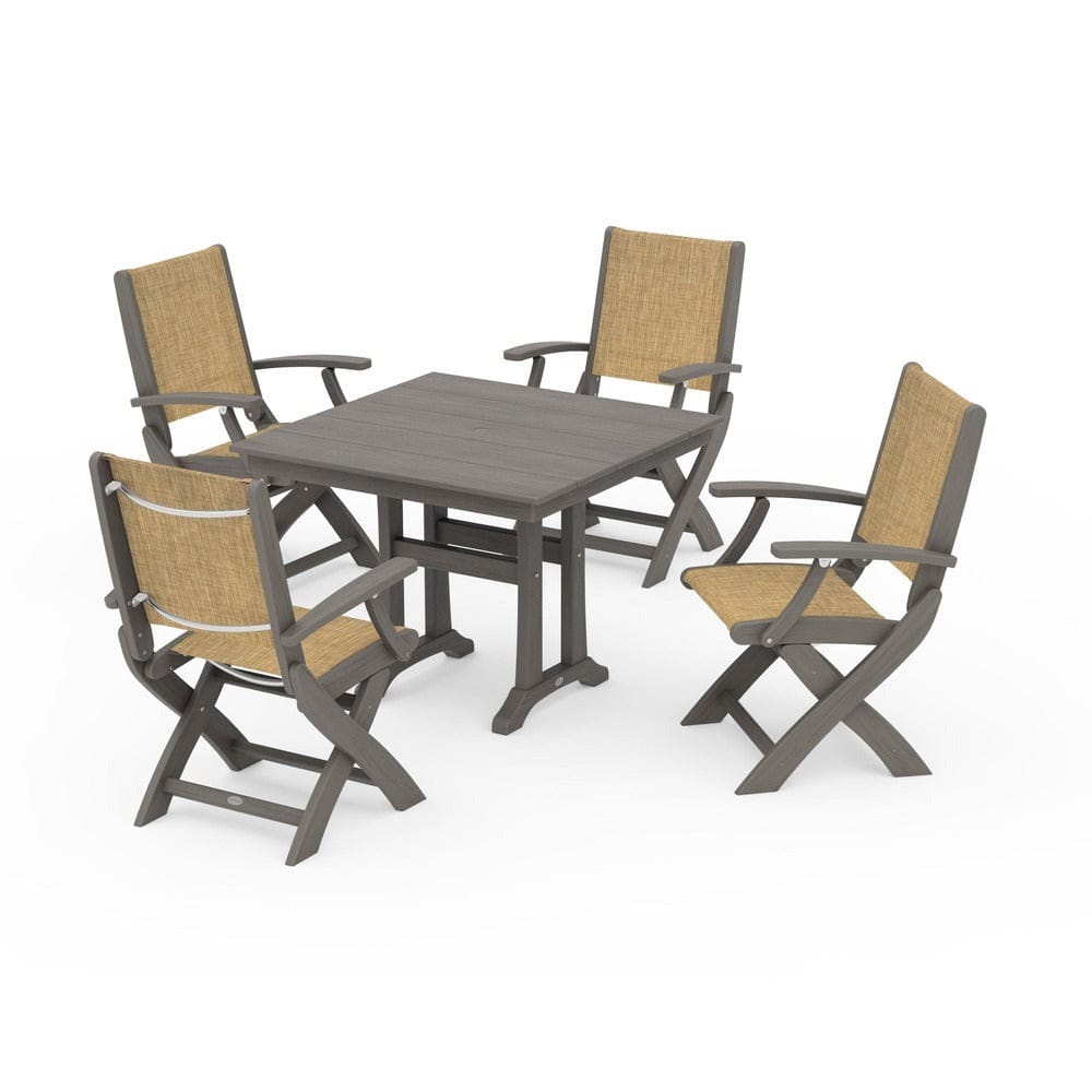 POLYWOOD® - Coastal Folding Chair 5-Piece Farmhouse Dining Set With Trestle Legs - PWS945