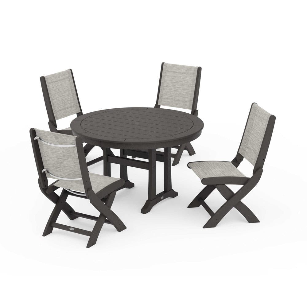 POLYWOOD® - Coastal Folding Side Chair 5-Piece Round Dining Set With Trestle Legs - PWS1121 Outdoor Furniture POLYWOOD®