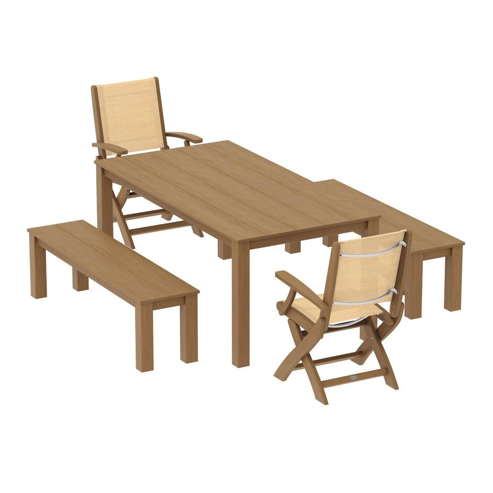 POLYWOOD® - Coastal Folding Chair 5-Piece Parsons Dining Set with Benches - PWS2273