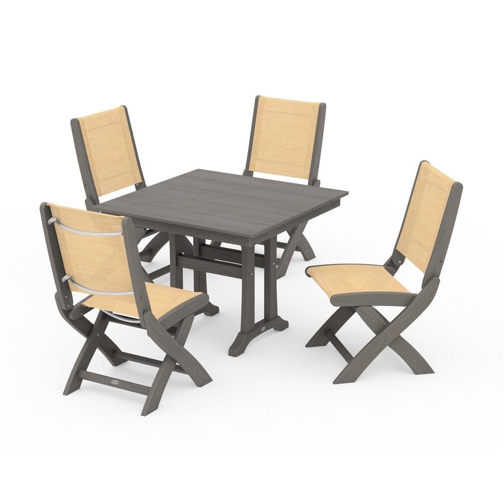 POLYWOOD® - Coastal Folding Side Chair 5-Piece Farmhouse Dining Set With Trestle Legs - PWS946