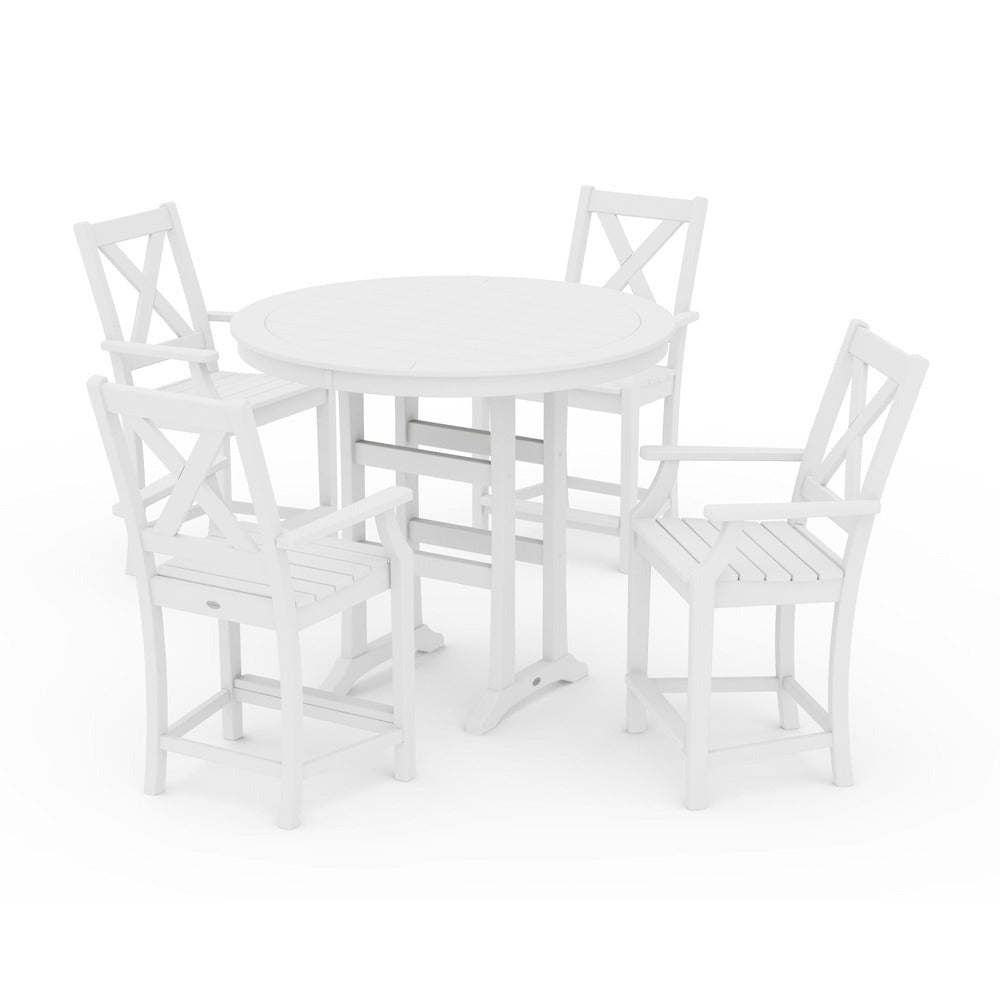 POLYWOOD® Braxton 5-Piece Nautical Trestle Arm Chair Counter Set - White PWS511-1-WH