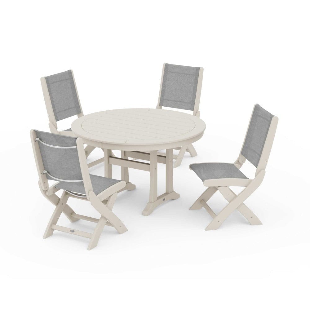POLYWOOD® - Coastal Folding Side Chair 5-Piece Round Dining Set With Trestle Legs - PWS1121