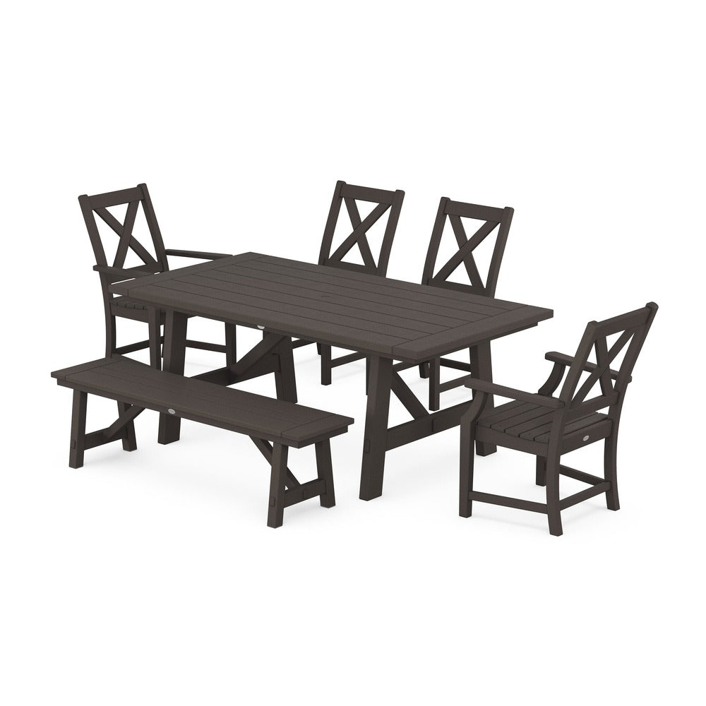 POLYWOOD® Braxton 6-Piece Rustic Farmhouse Dining Set With Trestle Legs - Vintage Coffee PWS1071-1-VCF