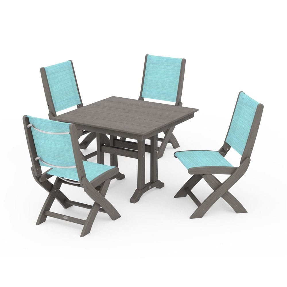 POLYWOOD® - Coastal Folding Side Chair 5-Piece Farmhouse Dining Set With Trestle Legs - PWS946