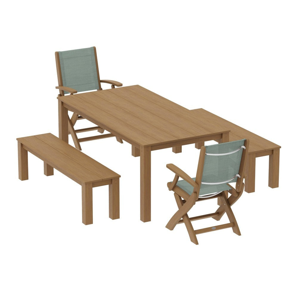 POLYWOOD® - Coastal Folding Chair 5-Piece Parsons Dining Set with Benches - PWS2273