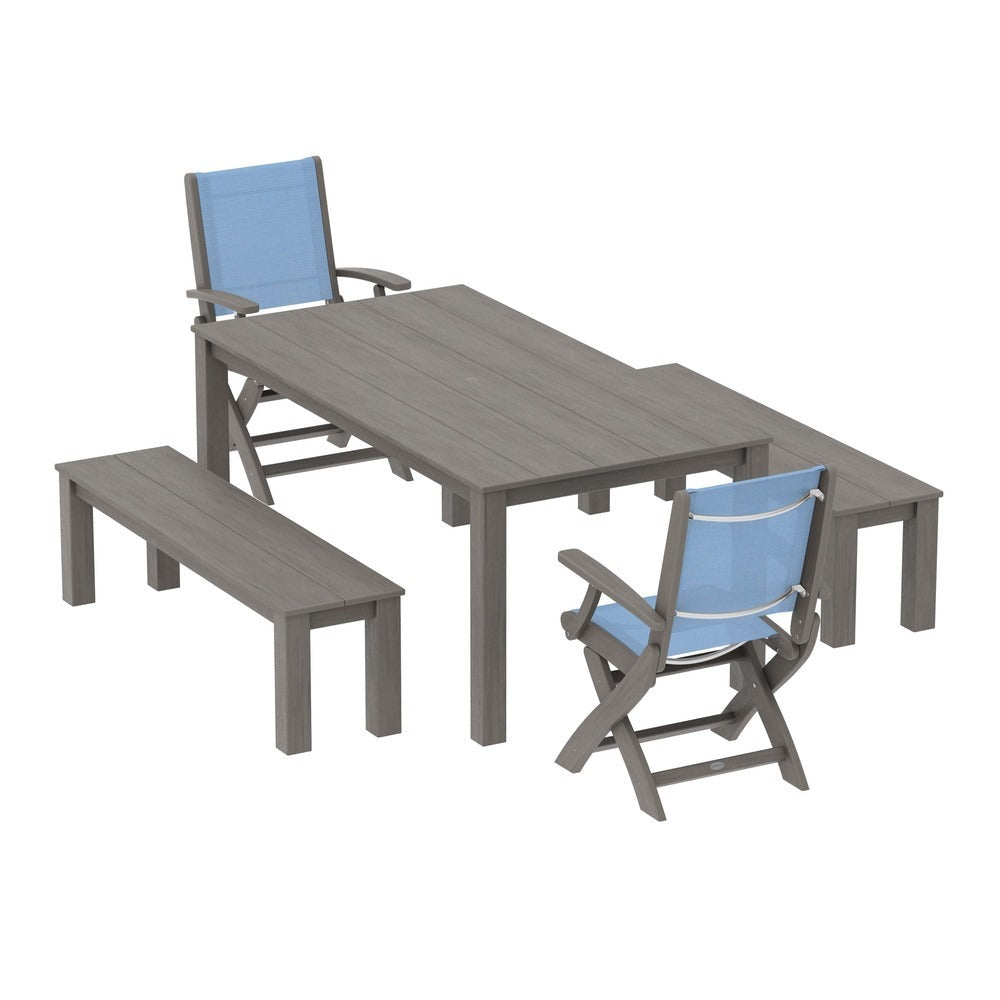 POLYWOOD® - Coastal Folding Chair 5-Piece Parsons Dining Set with Benches - PWS2273