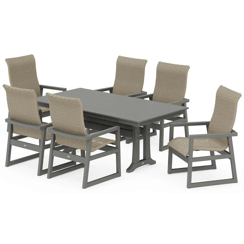 POLYWOOD® EDGE Woven Highback Arm Chair 7-Piece Farmhouse Dining Set with Trestle Legs - PWS2882-1