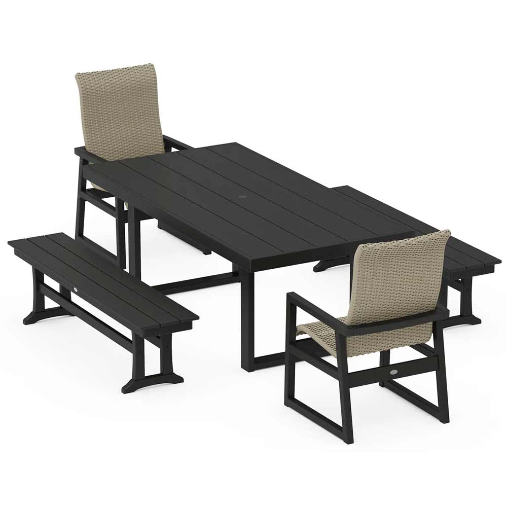 POLYWOOD® EDGE Woven Highback 5-Piece Dining Set with Benches - PWS2886-1