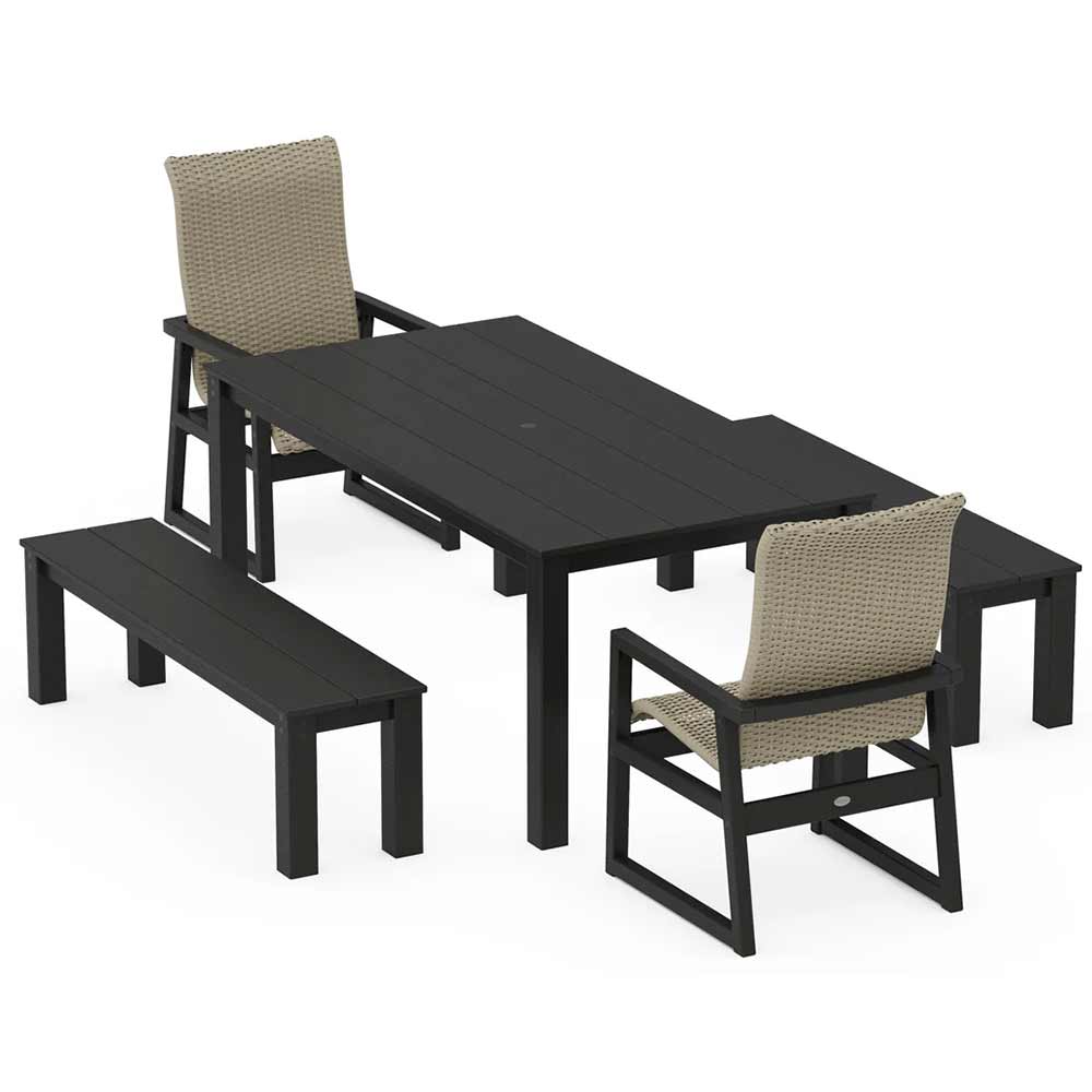 POLYWOOD® EDGE Woven Highback 5-Piece Parsons Dining Set with Benches - PWS2907-1