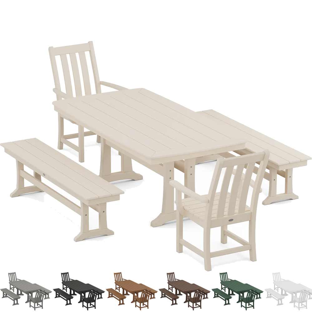 POLYWOOD® Vineyard 5-Piece Dining Set with Benches and Trestle Legs - PWS1064-1 Dining Set POLYWOOD®