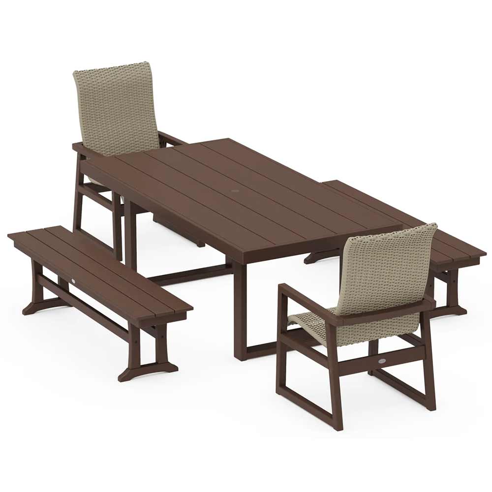 POLYWOOD® EDGE Woven Highback 5-Piece Dining Set with Benches - PWS2886-1