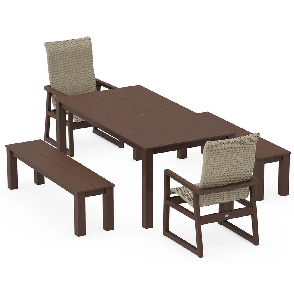 POLYWOOD® EDGE Woven Highback 5-Piece Parsons Dining Set with Benches - PWS2907-1