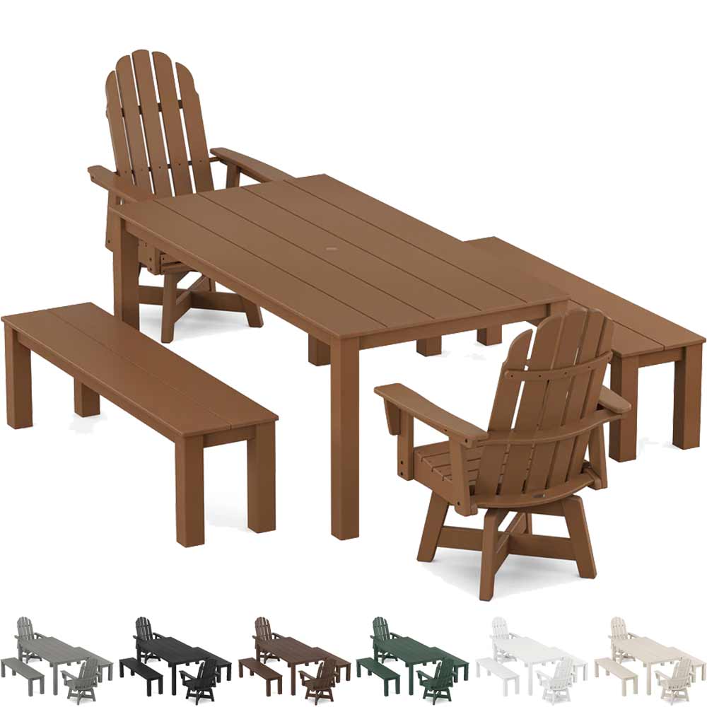 POLYWOOD® Vineyard Curveback Adirondack 5-Piece Parsons Swivel Dining Set with Benches - PWS2359-1 Dining Set POLYWOOD®