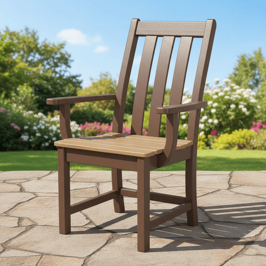 Wooden chair on a stone patio with a garden background