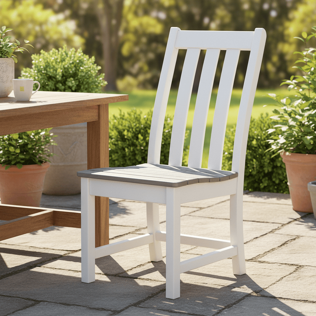 White outdoor chair with a wooden seat on a patio