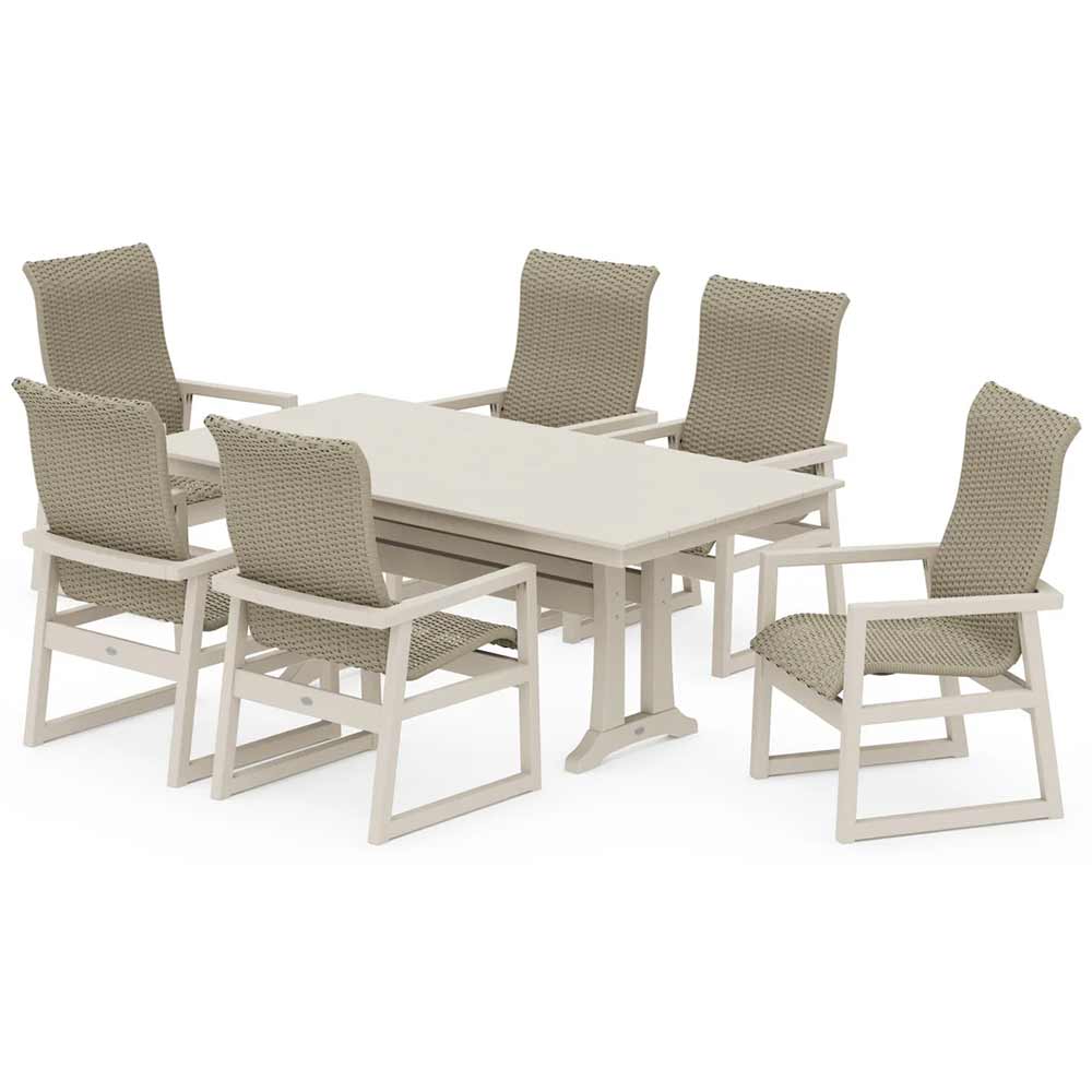 POLYWOOD® EDGE Woven Highback Arm Chair 7-Piece Farmhouse Dining Set with Trestle Legs - PWS2882-1