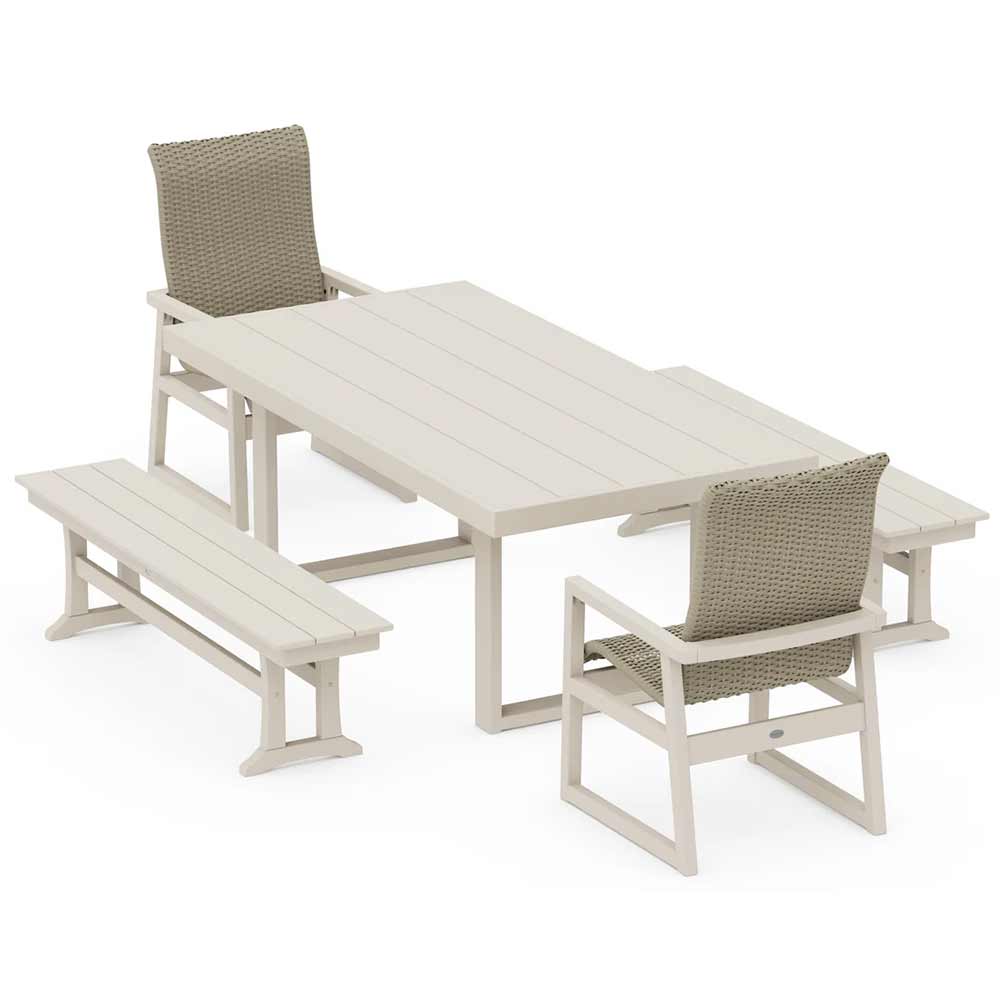 POLYWOOD® EDGE Woven Highback 5-Piece Dining Set with Benches - PWS2886-1