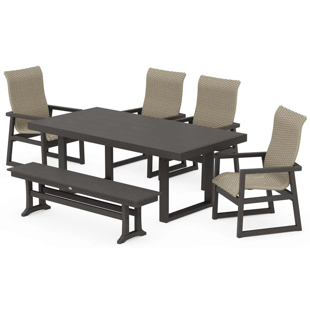 POLYWOOD® EDGE Woven Highback 6-Piece Dining Set with Bench - PWS2884-1