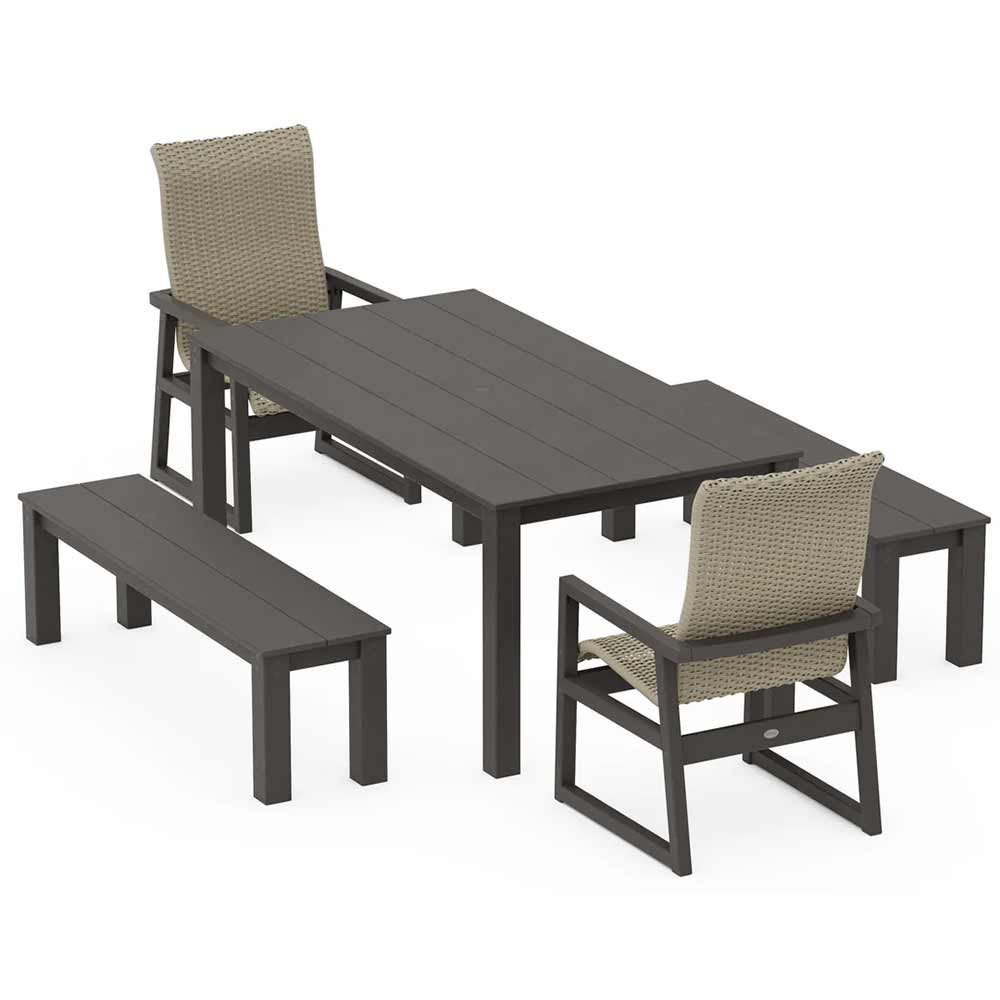 POLYWOOD® EDGE Woven Highback 5-Piece Parsons Dining Set with Benches - PWS2907-1