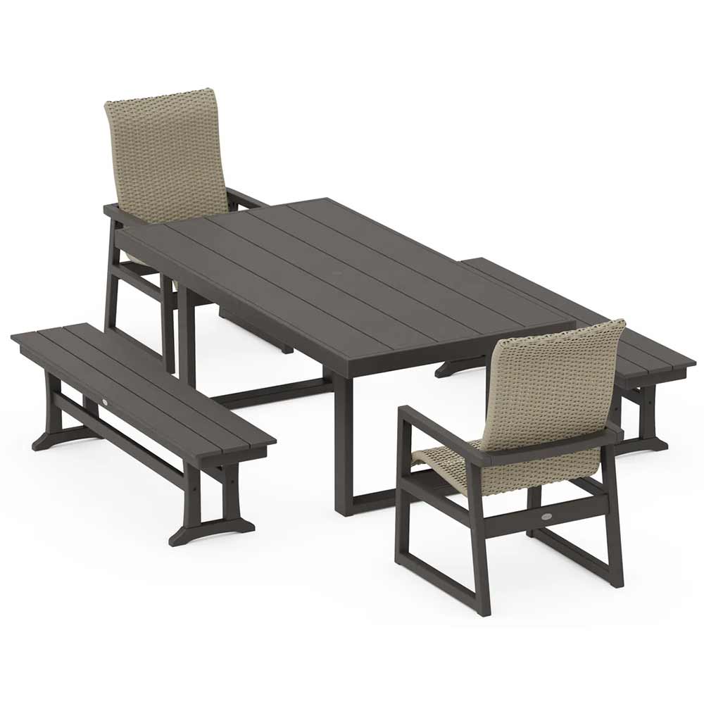 POLYWOOD® EDGE Woven Highback 5-Piece Dining Set with Benches - PWS2886-1
