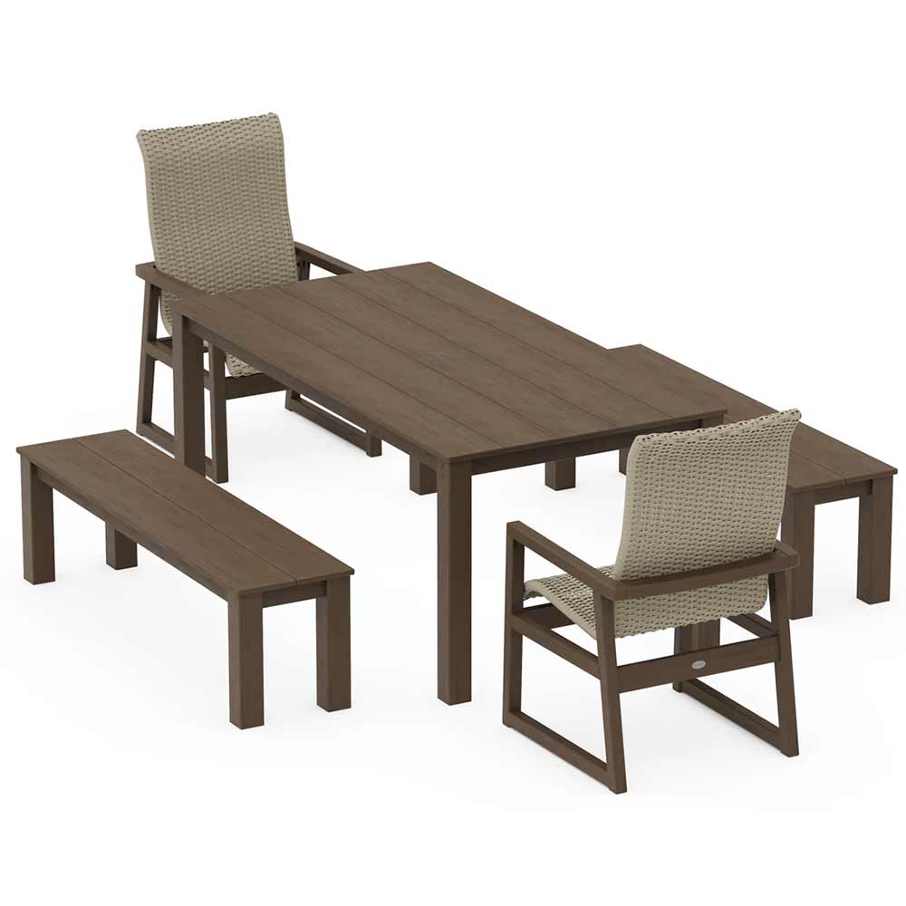 POLYWOOD® EDGE Woven Highback 5-Piece Parsons Dining Set with Benches - PWS2907-1