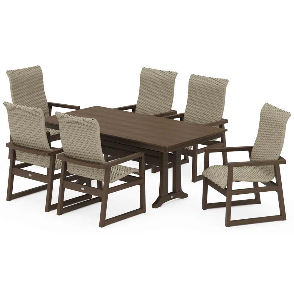 POLYWOOD® EDGE Woven Highback Arm Chair 7-Piece Farmhouse Dining Set with Trestle Legs - PWS2882-1