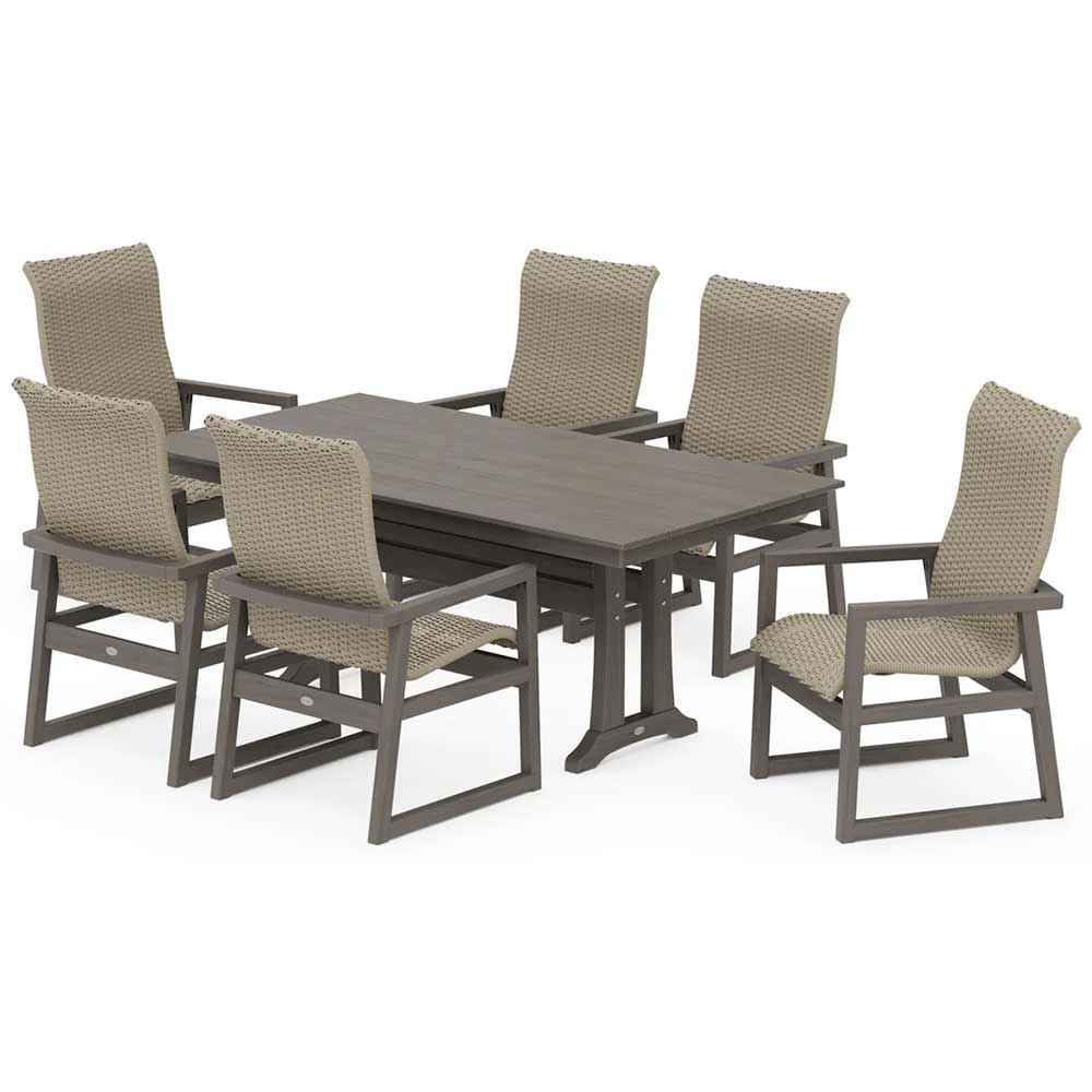 POLYWOOD® EDGE Woven Highback Arm Chair 7-Piece Farmhouse Dining Set with Trestle Legs - PWS2882-1