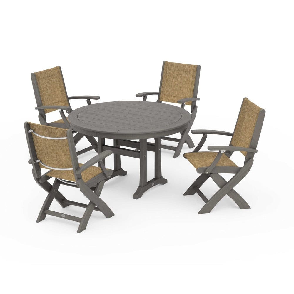 POLYWOOD® - Coastal Folding Chair 5-Piece Round Dining Set with Trestle Legs - PWS1120 Outdoor Furniture POLYWOOD®