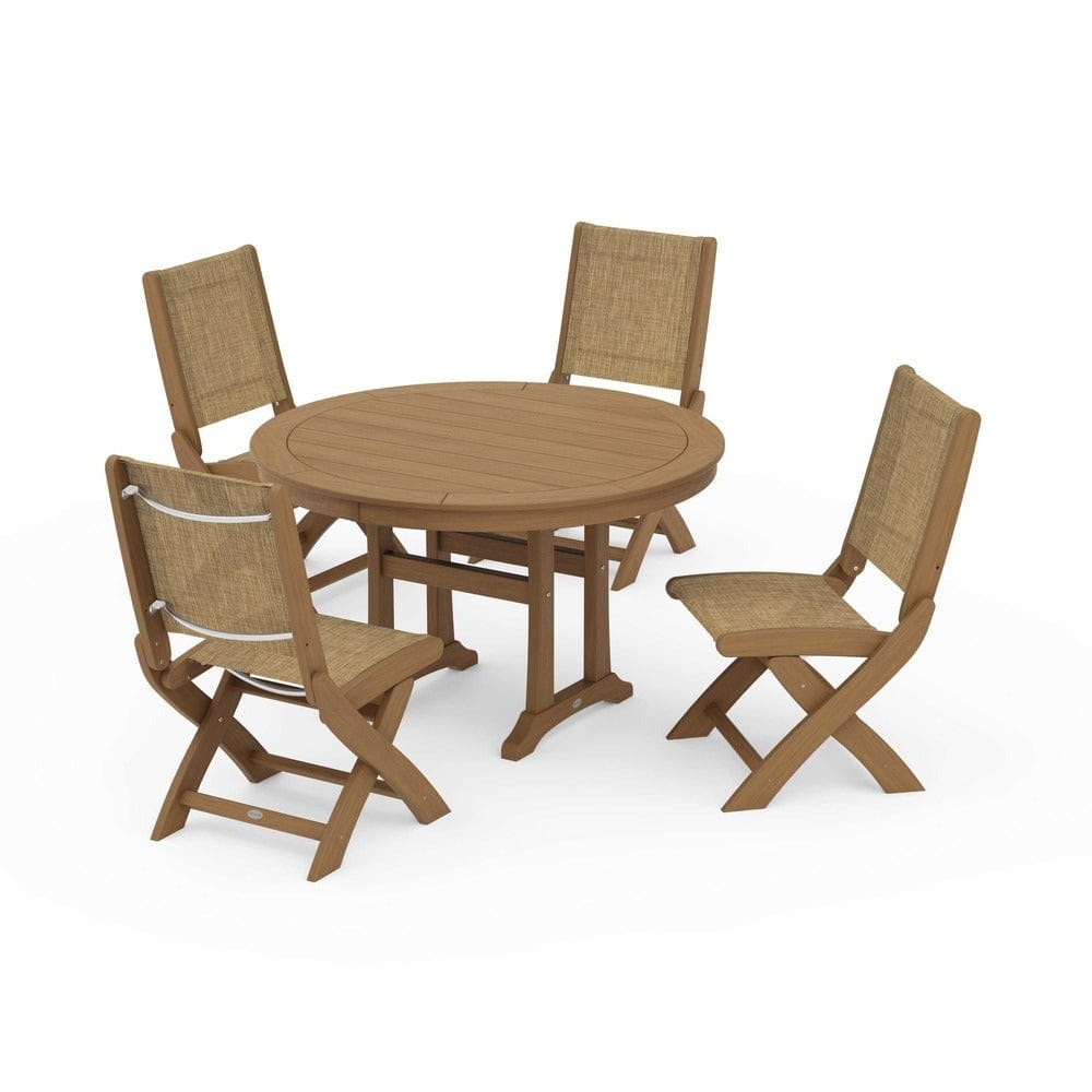 POLYWOOD® - Coastal Folding Side Chair 5-Piece Round Dining Set With Trestle Legs - PWS1121 Outdoor Furniture POLYWOOD®