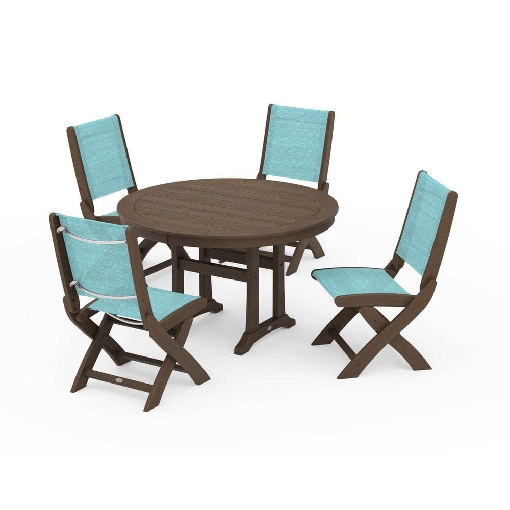 POLYWOOD® - Coastal Folding Side Chair 5-Piece Round Dining Set With Trestle Legs - PWS1121 Outdoor Furniture POLYWOOD®