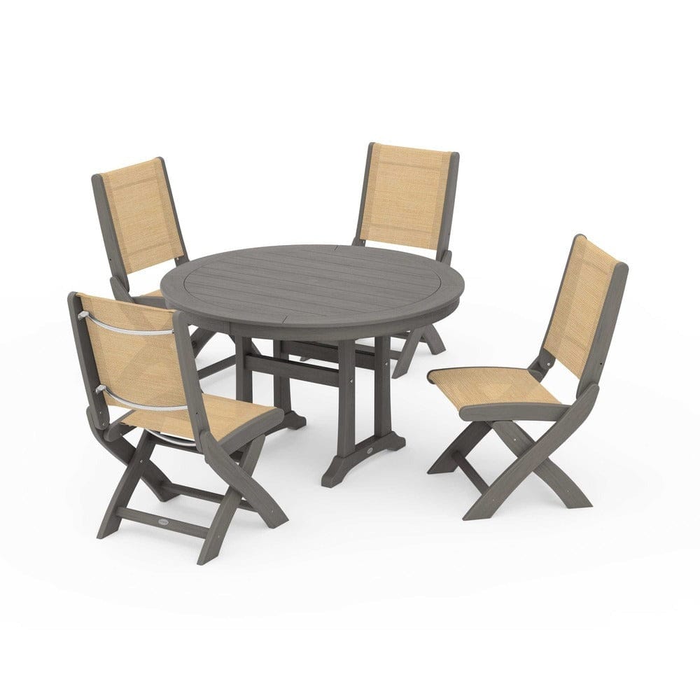 POLYWOOD® - Coastal Folding Side Chair 5-Piece Round Dining Set With Trestle Legs - PWS1121