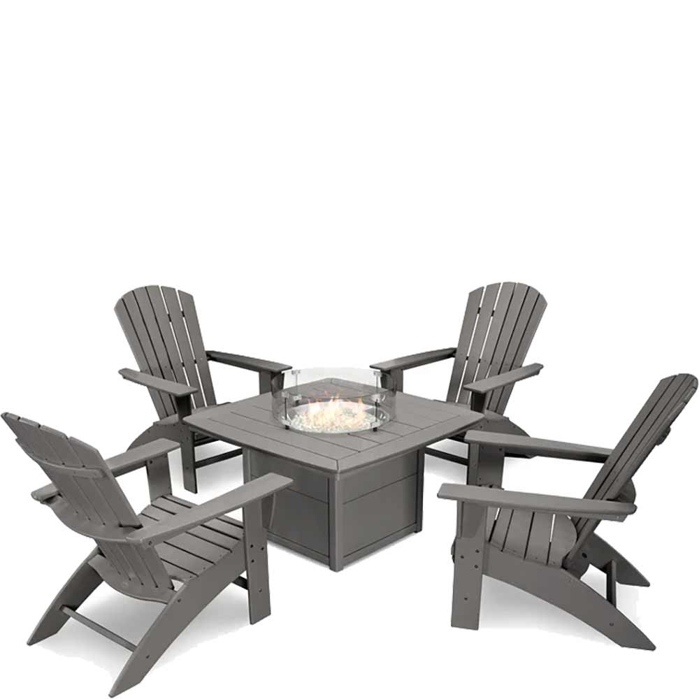 POLYWOOD® Nautical Curveback Adirondack 5-Piece Conversation Set with Fire Pit Table - PWS409-1