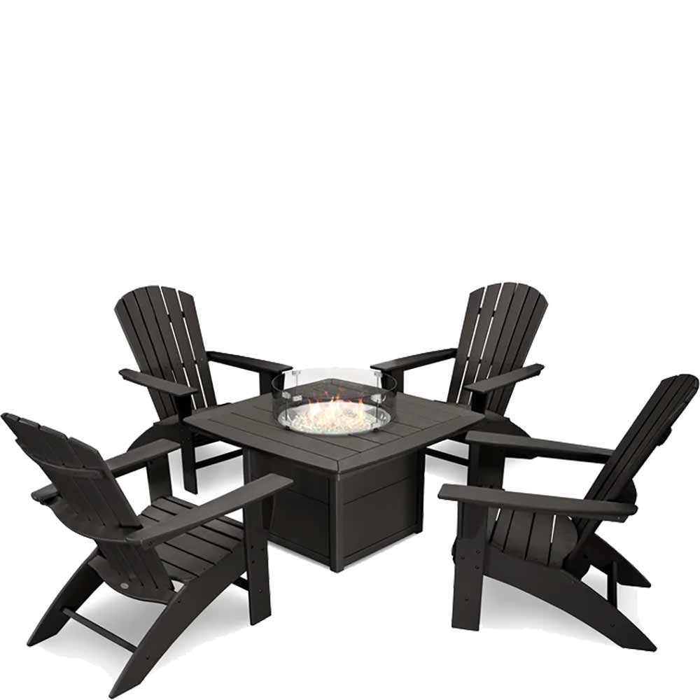 POLYWOOD® Nautical Curveback Adirondack 5-Piece Conversation Set with Fire Pit Table - PWS409-1