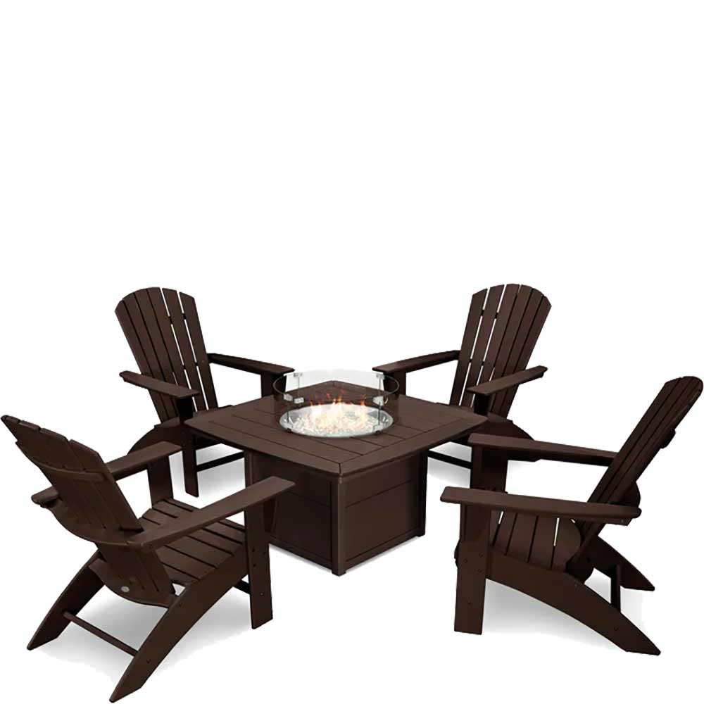 POLYWOOD® Nautical Curveback Adirondack 5-Piece Conversation Set with Fire Pit Table - PWS409-1