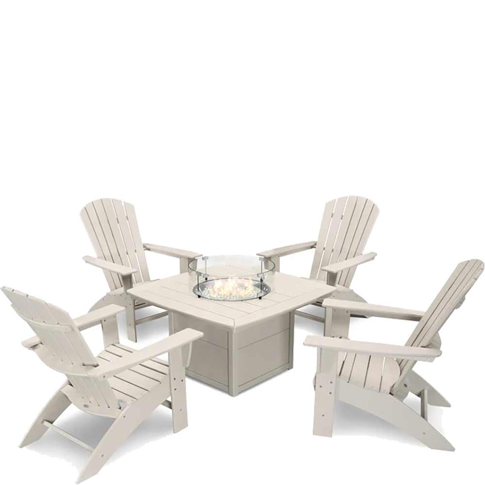 POLYWOOD® Nautical Curveback Adirondack 5-Piece Conversation Set with Fire Pit Table - PWS409-1