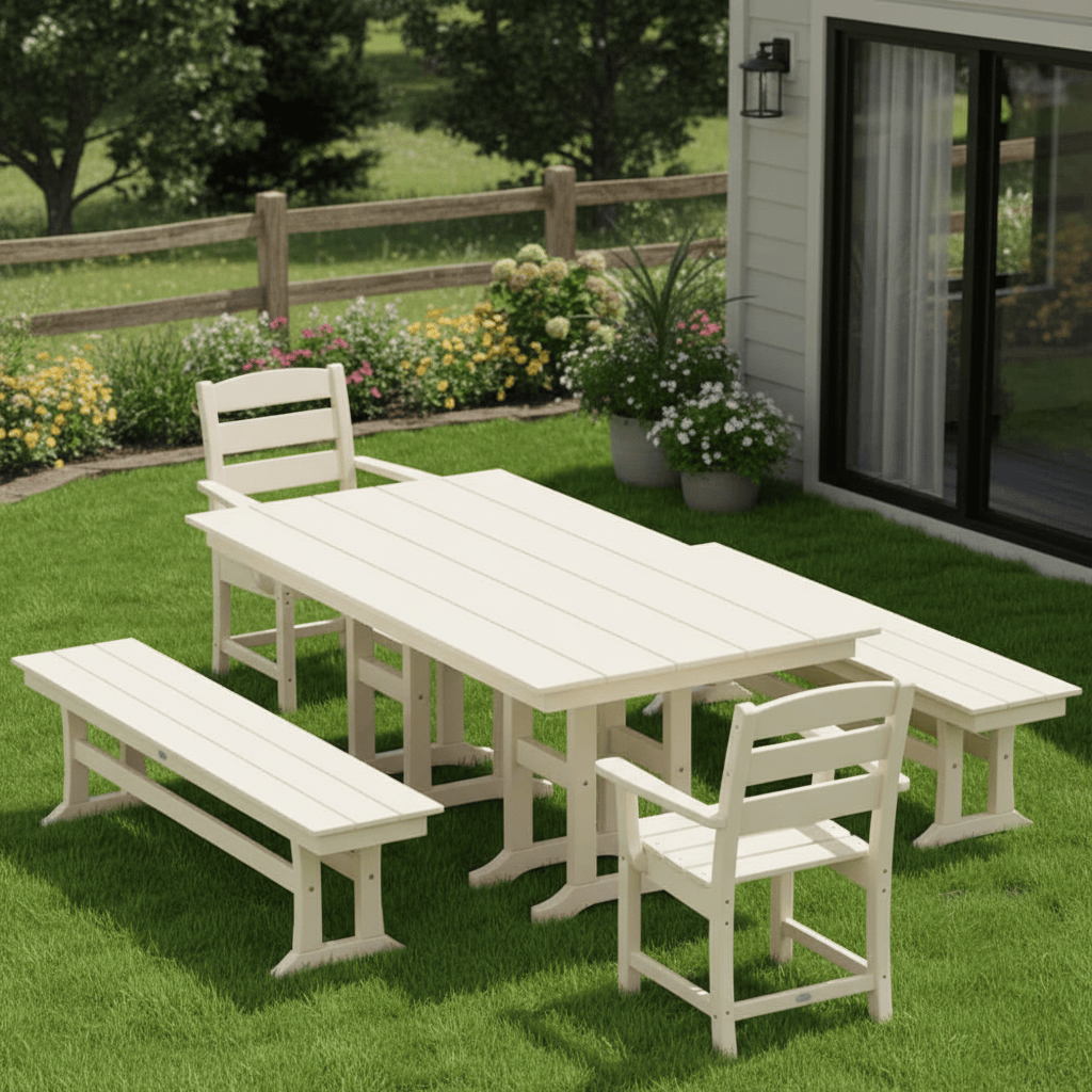 POLYWOOD® Lakeside 5-Piece Farmhouse Dining Set with Benches - PWS1182-1 Dining Set POLYWOOD®