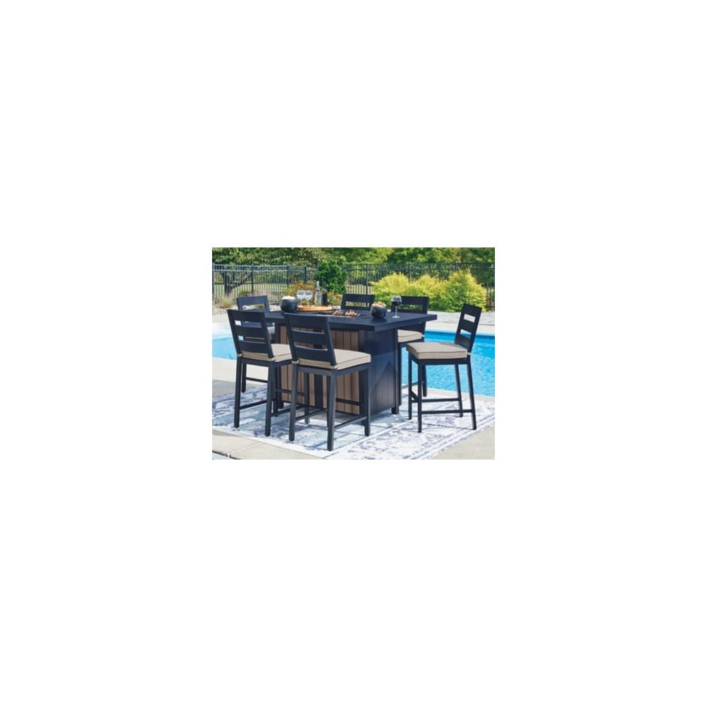 Ashley Furniture Mabry Shores Outdoor Fire Pit Table and 6 Barstools Dining Set Ashley Furniture